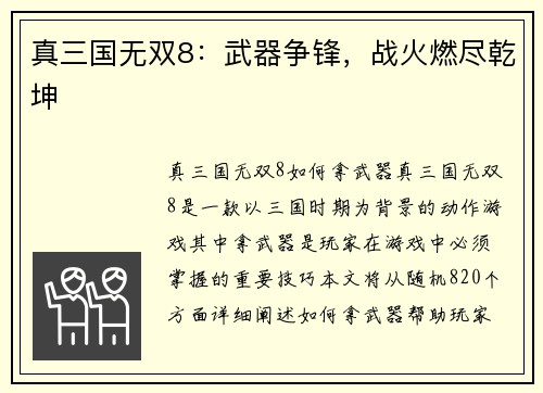 真三国无双8：武器争锋，战火燃尽乾坤